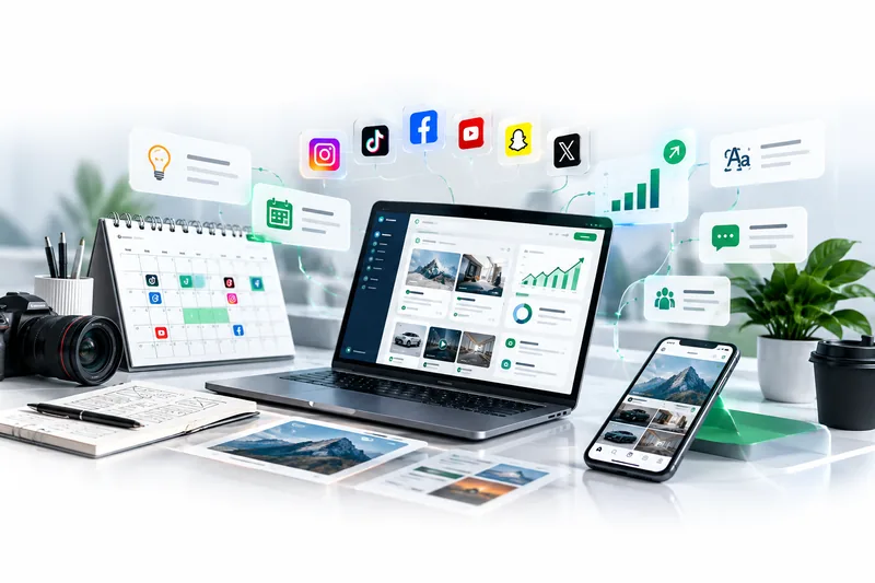 لابتوب وموبايل يعرضان إدارة حسابات منصات التواصل الاجتماعي وتقويم النشر